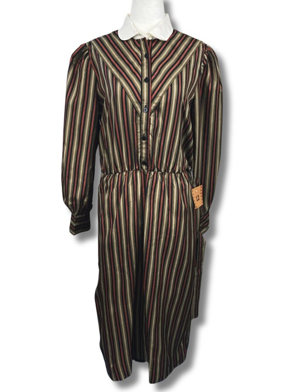 NWT Vintage orange brown black striped poofy sleeve a-line dress MEDIUM LARGE